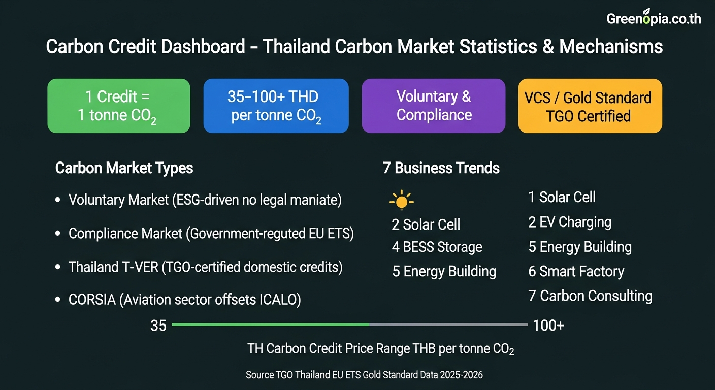 Thailand Carbon Credit explained — 1 Credit = 1 tonne CO2, T-VER TGO Voluntary Market, Compliance Market EU ETS, price 35–100+ THB per tonne, 7 Net Zero business projects 2025-2026