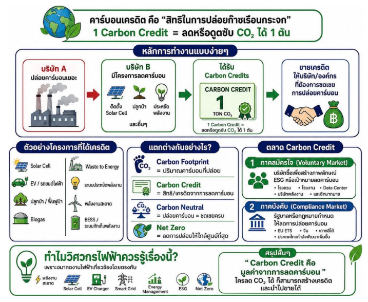คาร์บอนเครดิต คืออะไร — 1 Credit = ลดหรือดูดซับ CO₂ ได้ 1 ตัน, ตลาดอาสาสมัคร T-VER TGO, ภาคบังคับ EU ETS, ราคา 35–100+ บาท/ตัน, 7 โครงการลดคาร์บอน ปี 2025-2026