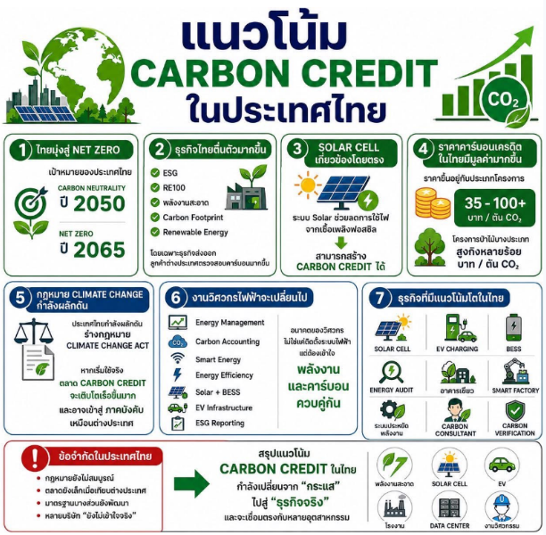 แนวโน้ม Carbon Credit ในประเทศไทย — 7 ธุรกิจที่มีโอกาส Solar Cell EV Charging BESS Energy Audit Green Building Smart Factory Carbon Consultant, ราคา 35-100+ บาท/ตัน, กฎหมาย Climate Change Act, ไทยมุ่งสู่ Net Zero 2065